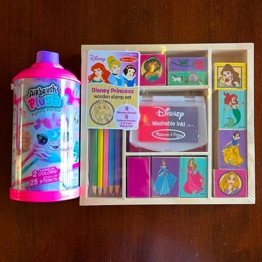 Brand New Melissa & Doug Disney Princess Wooden Stamp Set & Airbrush Plush Mini